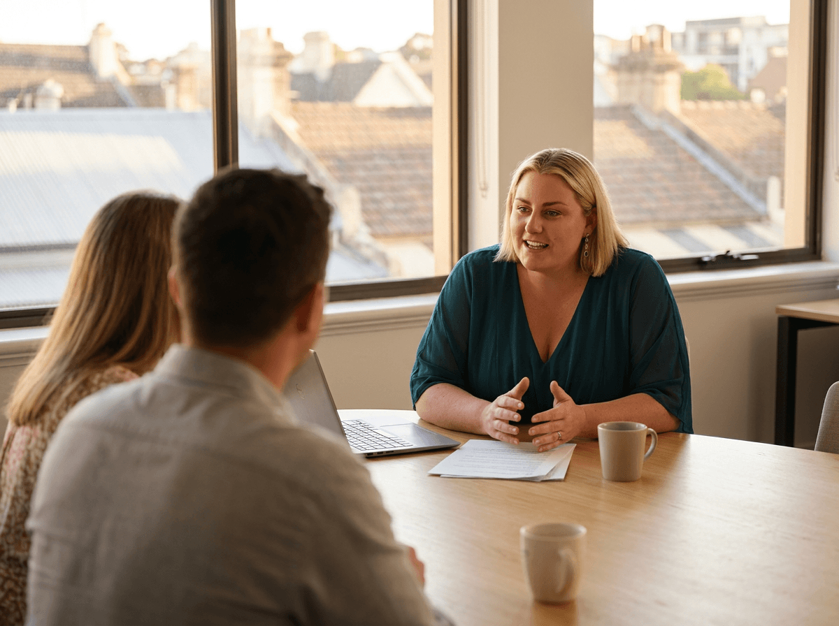 Jenny Murphy, Senior Registered Migration Agent at SCA Connect, talking with clients across the table in the firm's Sydney office